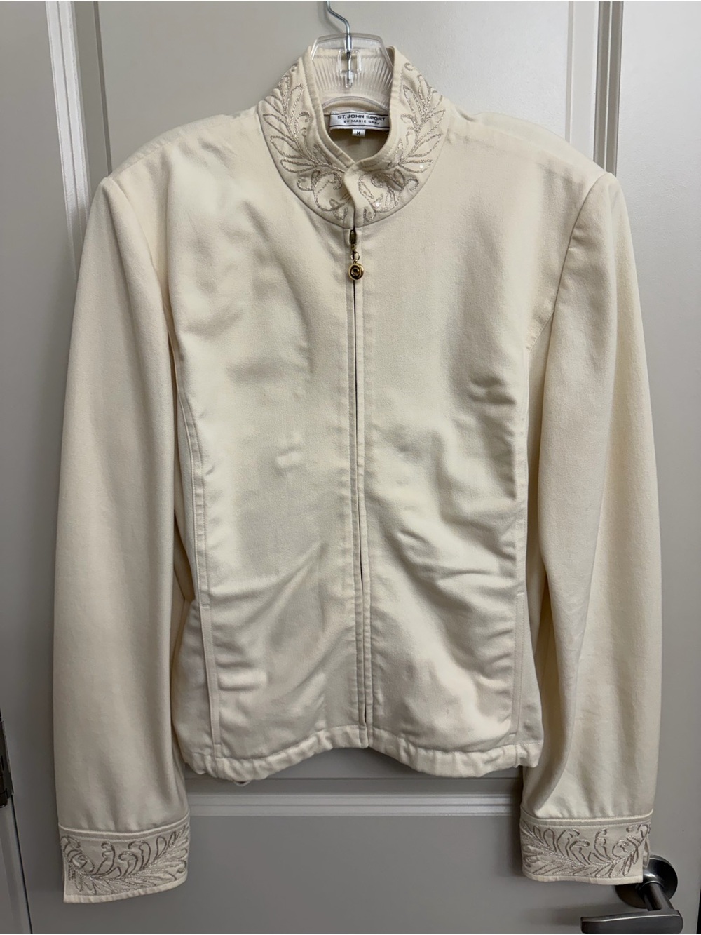 St. John Sport by Marie Gray Cream Embroidered Zip Jacket with Gold Charm